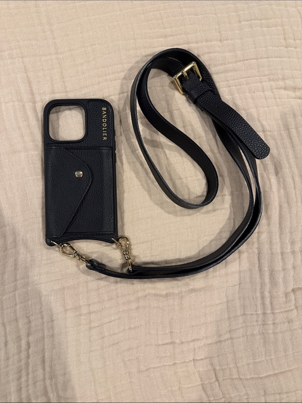 Bandolier Hailey Black/Gold Pebbled Leather Crossbody iPhone 16 Pro Case w Strap